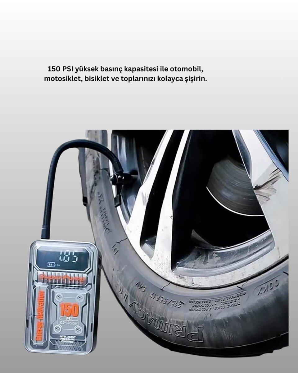 150 PSI Kablosuz Dijital Ekranlı Taşınabilir Araç Lastik Pompası - Görsel 3