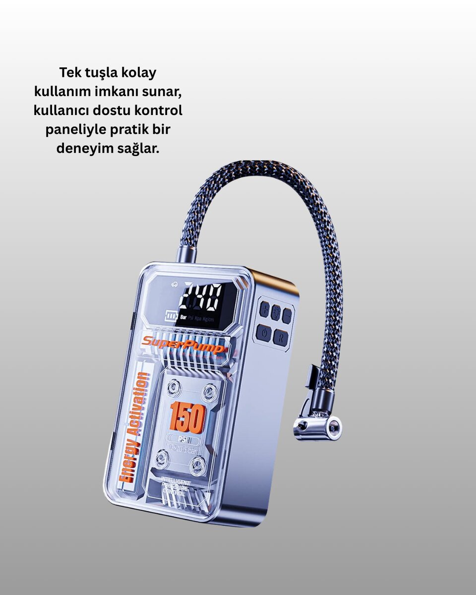 150 PSI Kablosuz Dijital Ekranlı Taşınabilir Araç Lastik Pompası - Görsel 4