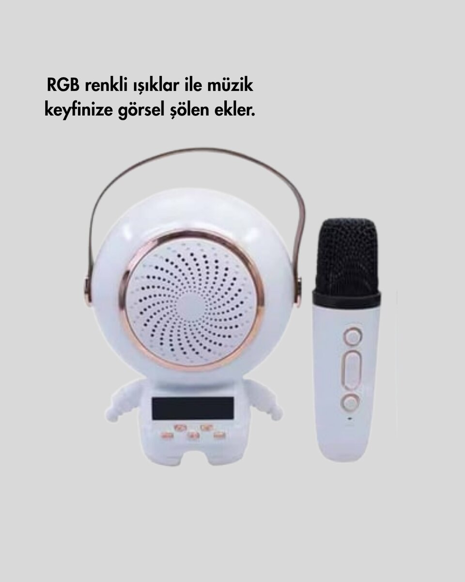 Renkli Işıklı Astronot Mini Bluetooth Speaker ve Karaoke Mikrofon - Görsel 2