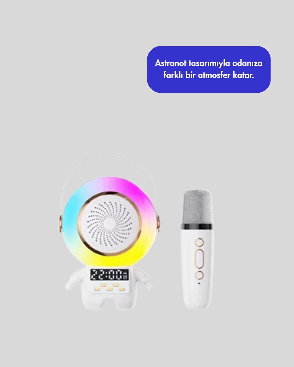 Astronot Tasarımlı Bluetooth Speaker ve Kablosuz Mikrofon Karaoke Seti - Görsel 3