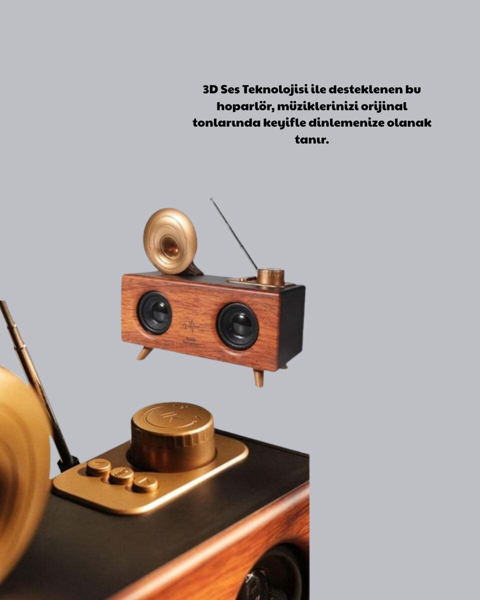 Retro Gramofon Tasarımlı Bluetooth Hoparlör – 3D Stereo Ses 1800 mAh Batarya - Görsel 4