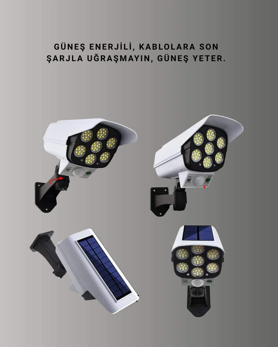 Güneş Enerjili LED Lamba + Güvenlik Kamerası Görünümlü– 5-8 m Hareket Algılamalı Beyaz Işık - Görsel 3