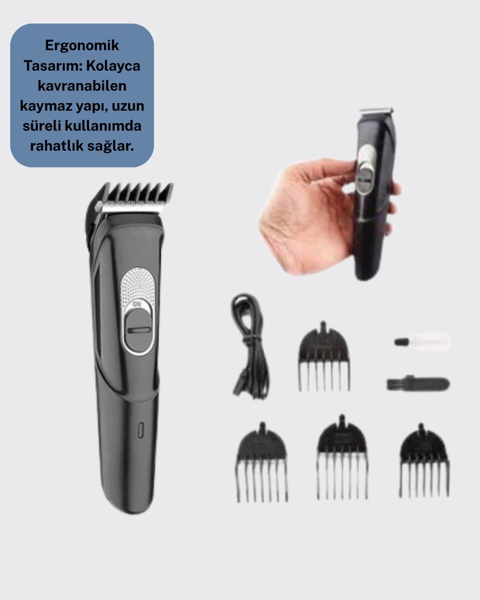 Taşınabilir Şarjlı Saç Sakal Tıraş Makinesi – 3 Taraklı Sessiz ve Ergonomik - Görsel 3