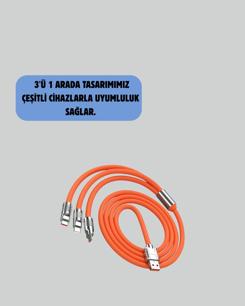 3’ü 1 Arada Kablo – 120W Hızlı Şarj ve Veri Aktarımı Özellikli - Görsel 4