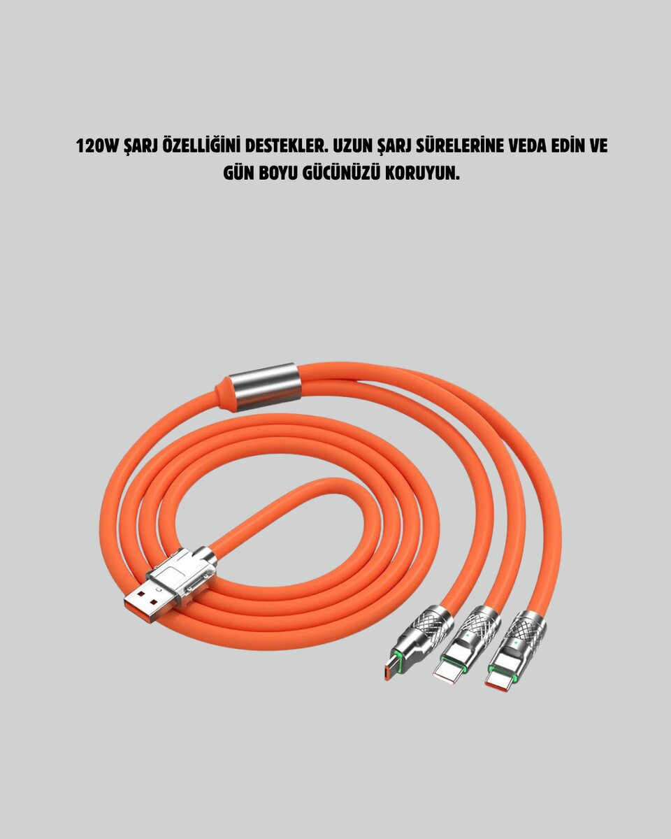 120 W Hızlı Çözüm Sunan 3'ü 1 USB Şarj Kablosu– Sağlam Gövde - Görsel 3