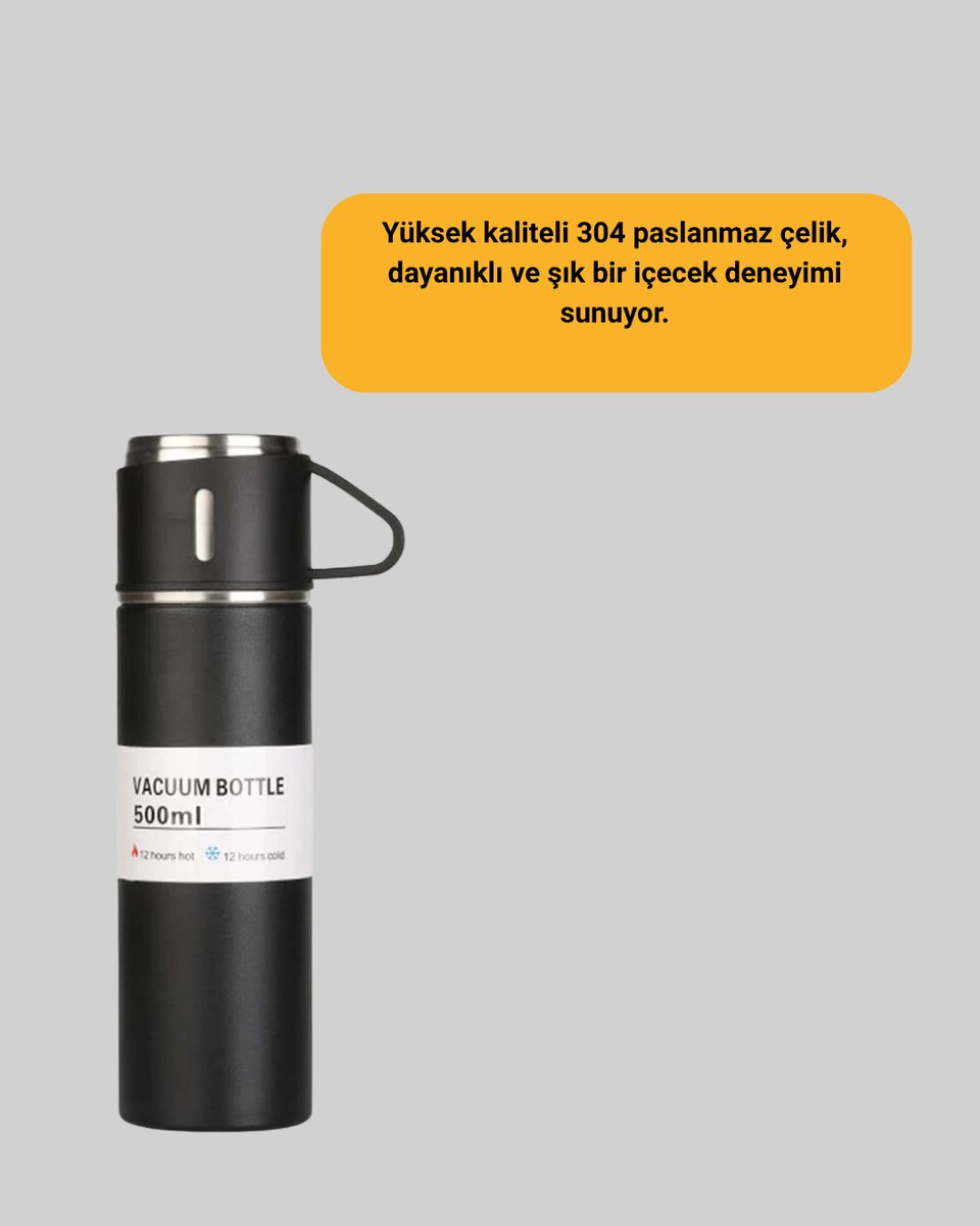 304 Çelik Termos Seti | 2 Bardaklı 500 ml Uzun Süre Isı Koruma - Görsel 2