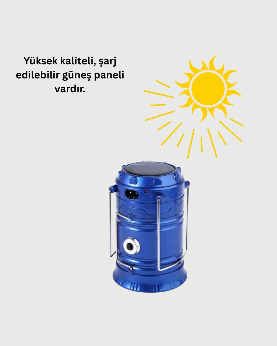 Şarj Edilebilir Güneş Enerjili Kızaklı Kamp Feneri – USB Çıkışlı Katlanabilir Dayanıklı ve Çok Fonksiyonlu - Görsel 2