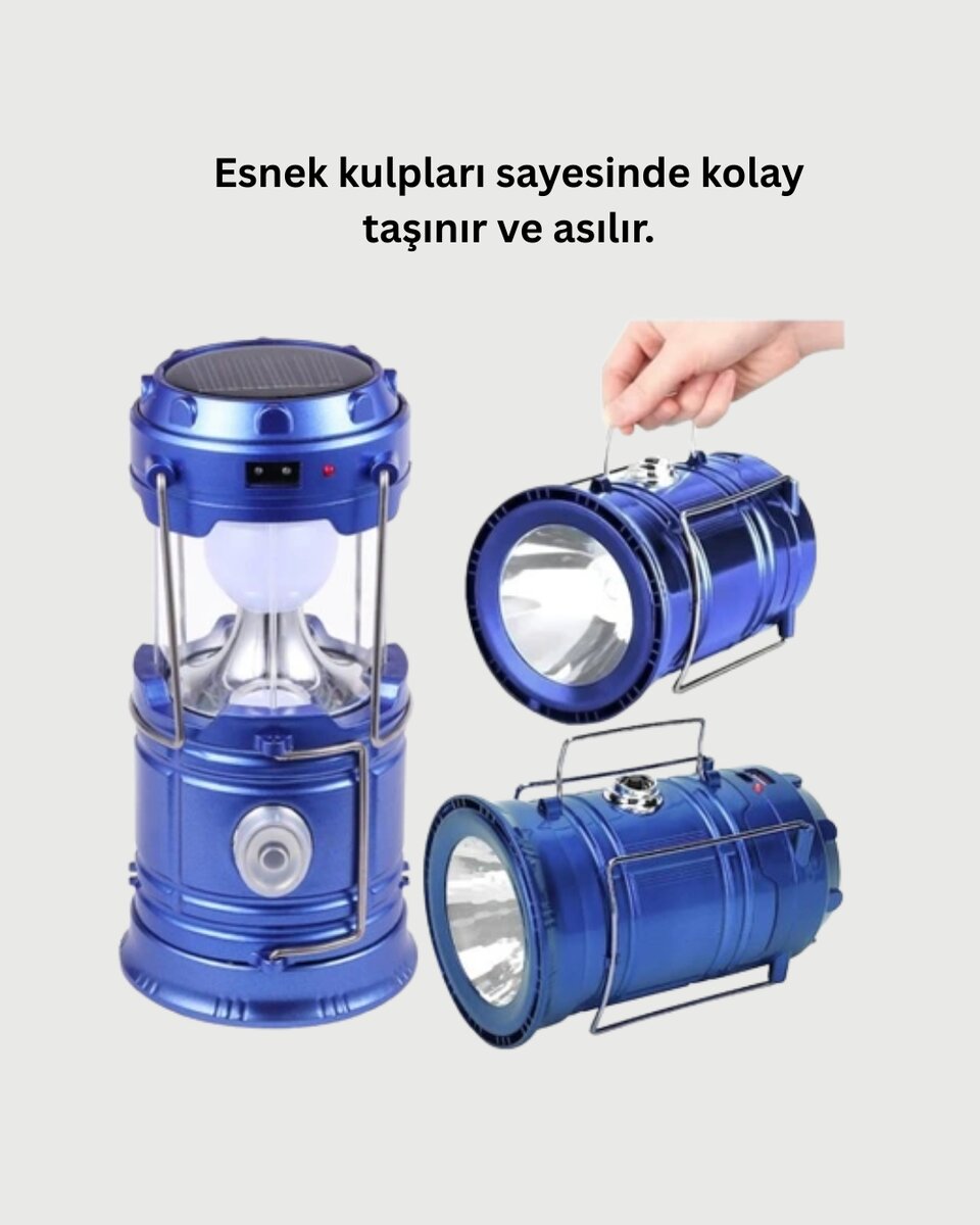 Güneş Enerjili Kızaklı Şarjlı Büyük Boy Kamp Feneri – USB Çıkışlı Katlanabilir Çok Fonksiyonlu - Görsel 4