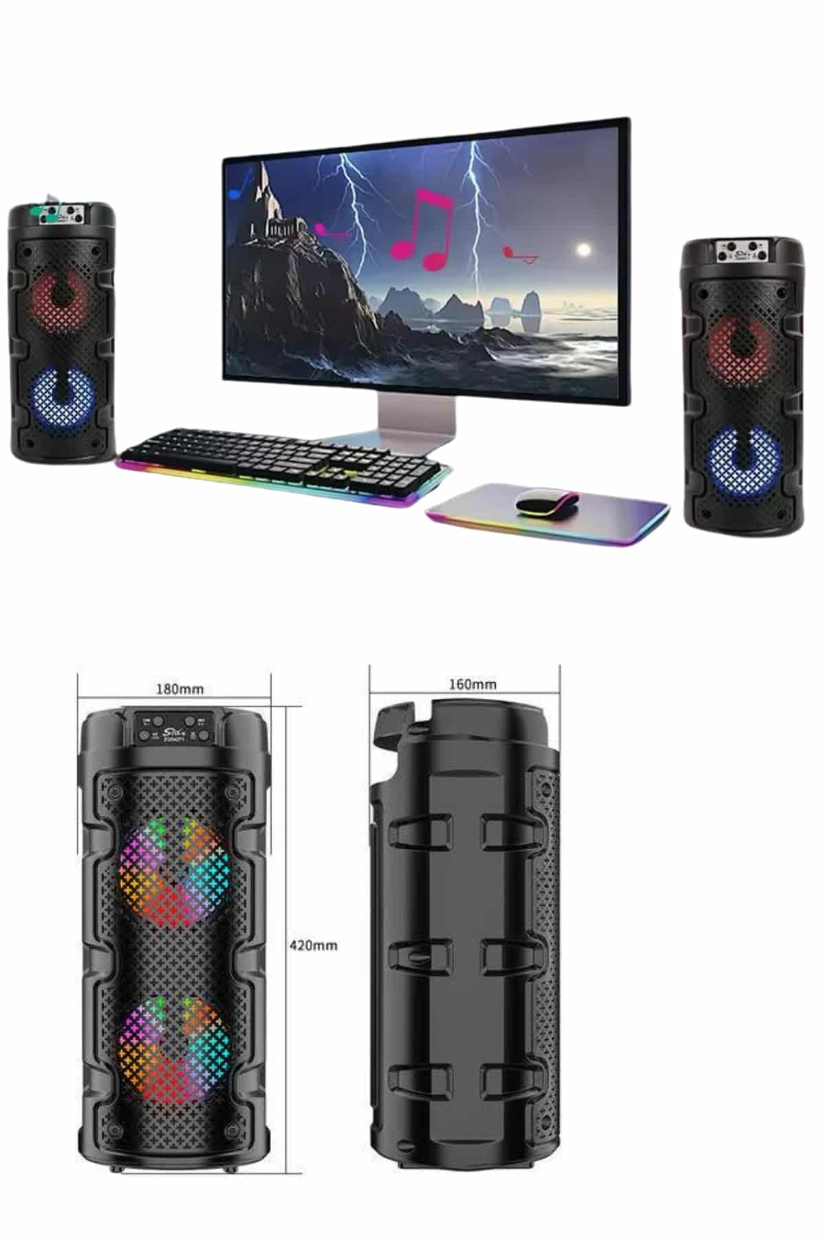 Bluetooth Hoparlör Rgb Led Işıklı Büyük Boy Yüksek Bass Çift Loblu - Görsel 3