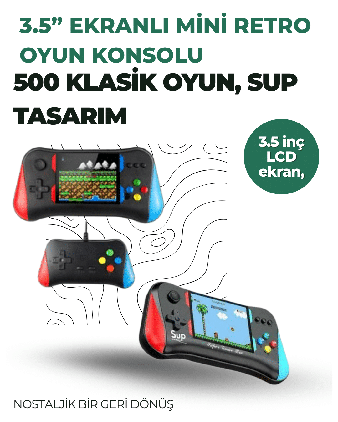 3.5 İnç Ekranlı Klasik Oyun Konsolu – 500 Dahili Oyun