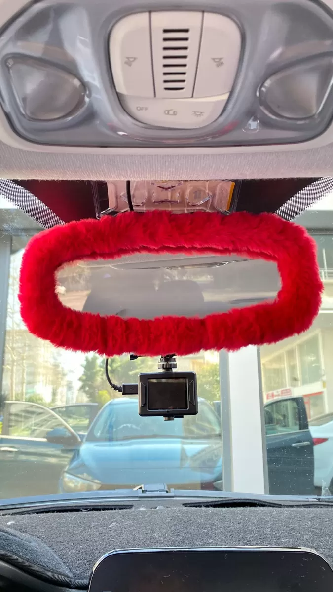 Peluş Dikiz Ayna Kılıfı Süs Kırmızı