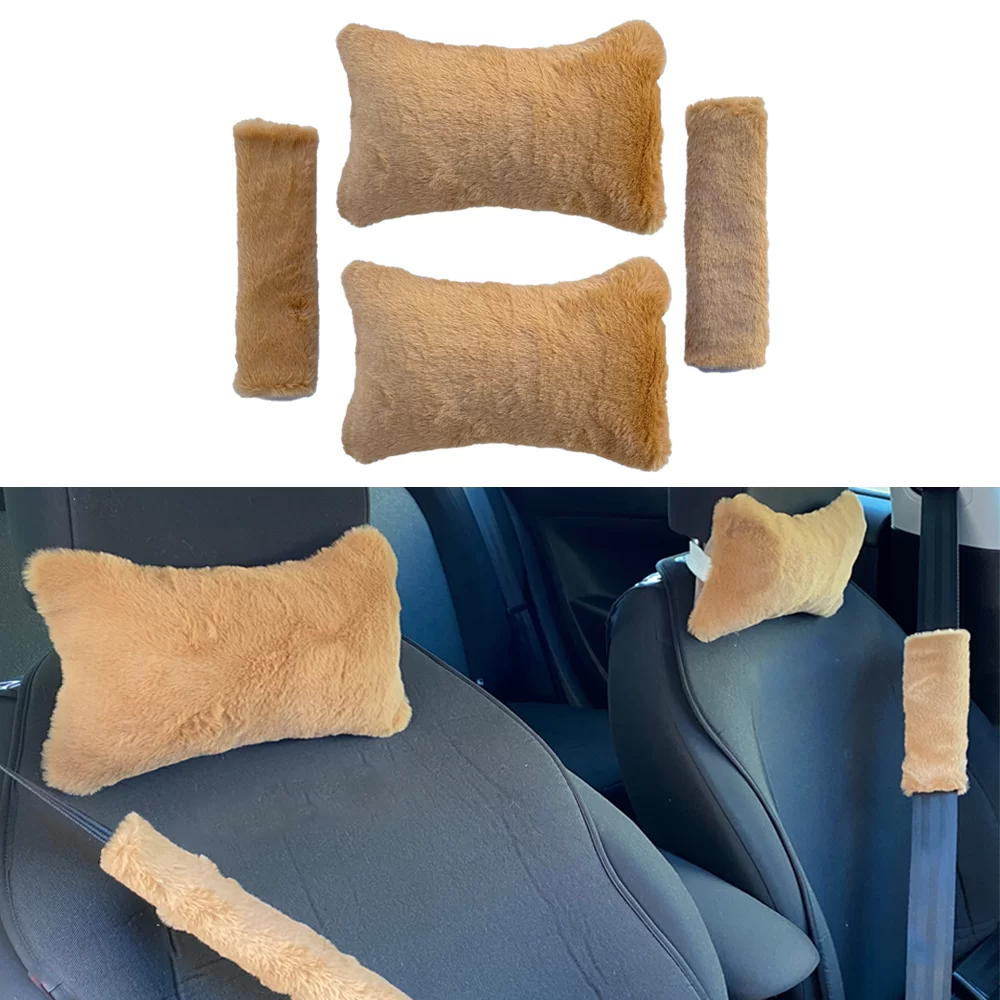 Peluş Ortopedik Araba Seyahat Boyun Yastığı Emniyet Kemer Pedi Seti Kahverengi