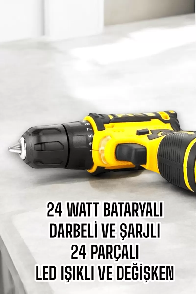 Çift Bataryalı Metal Dişli Darbeli Şarjlı Matkap Seti 24W Güç ve 24 Parça Aksesuar - Görsel 4