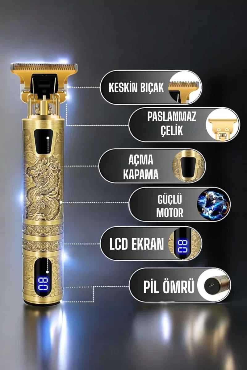Tıraş Makinesi Şarjlı Profesyonel Saç Kesme Makinesi Gold Çizik Tıraş - Görsel 2