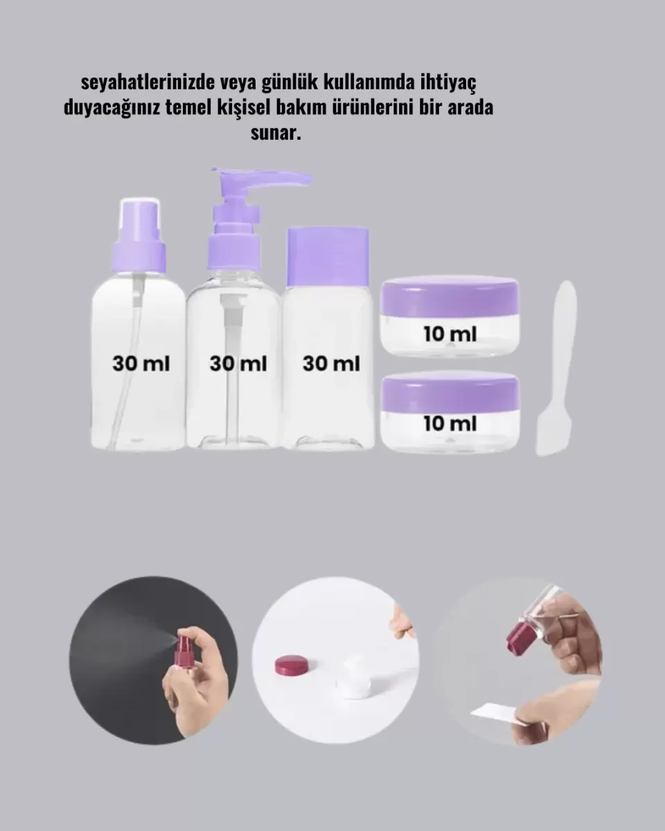 Taşınabilir 5’li Seyahat Banyo Seti Şampuanlık Sprey Krem Kutusu - Görsel 4