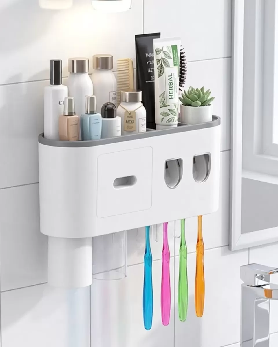 Banyo Organizer Diş Fırçası Tutucu Çift Dispenserli Raflı Çekmeceli