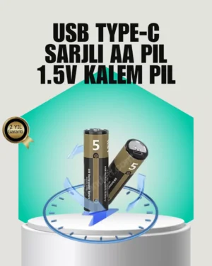 1.5V AA Şarjlı Lityum Pil | 1000+ Kez Şarj Edilebilir | Hızlı Type-C Şarj (2 Adet)