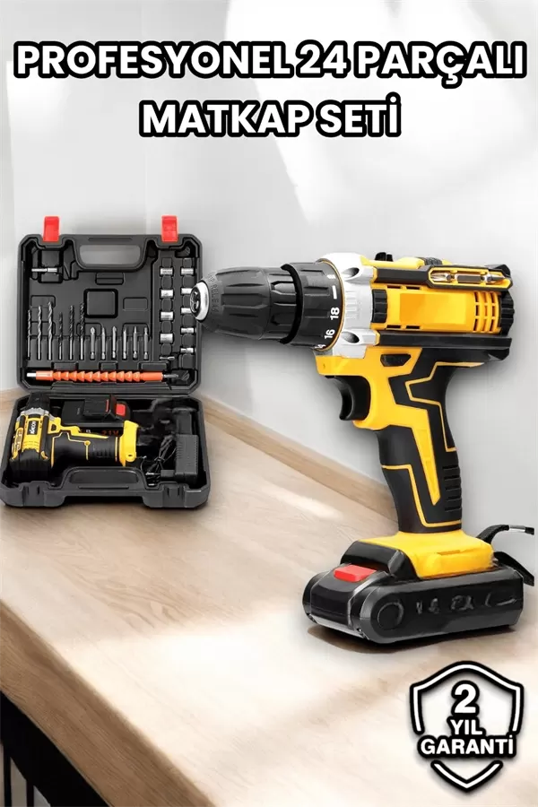 Metal Dişli 24W Akülü Matkap -Çift Bataryalı ve LED Çalışma Işığı ile Tam Set - Görsel 2