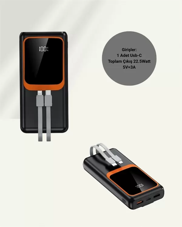 Dijital Ekranlı 20.000 mAh Powerbank | 22.5W Hızlı Şarj + Çoklu Bağlantı Seçeneği - Görsel 5