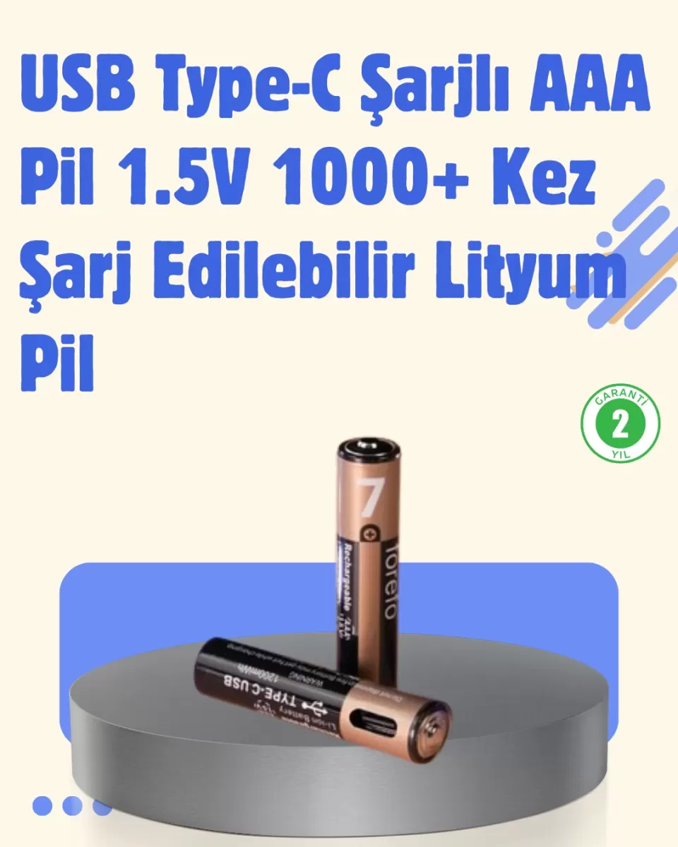 USB Type-C Şarjlı AAA Lityum Pil 1000+ Şarj Döngüsü ile Uzun Ömür