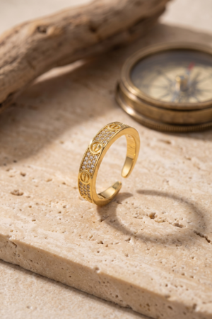 Vida ve Zirkon Taş Detaylı Gold Çelik Yüzük 5886