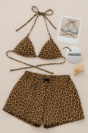Kadın Leopar Desenli Şortlu Belden ve Boyundan Bağlamalı Bikini Takımı