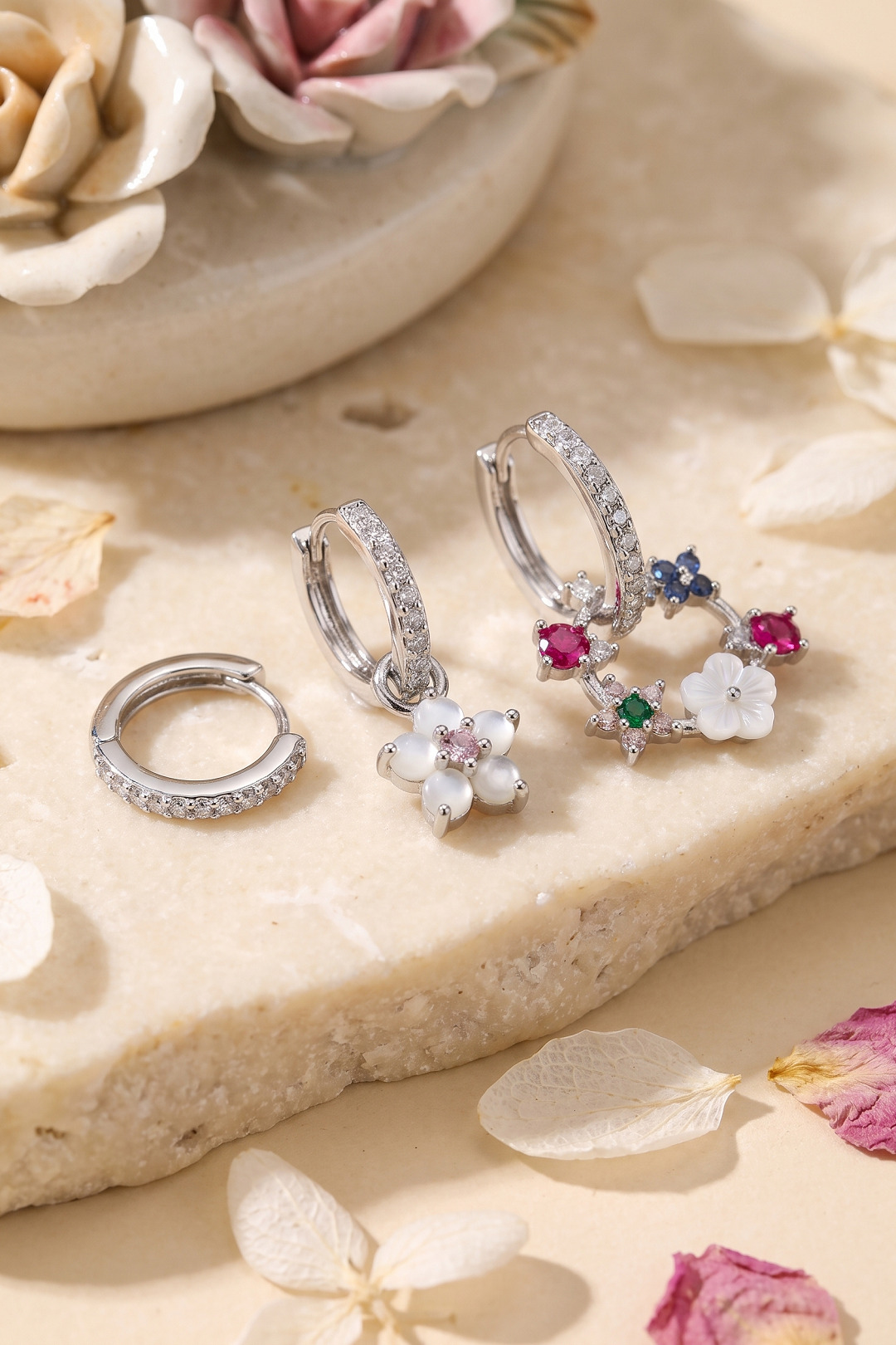 3 lü Set Gümüş Renk Çiçek Model Küpe 5886