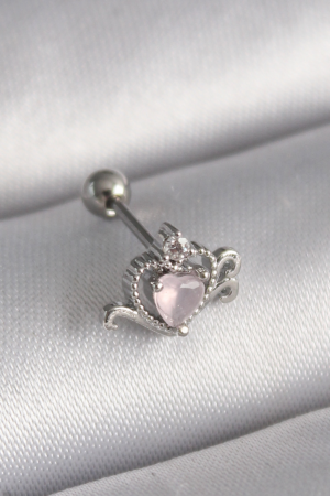 316L Çelik Gümüş Renk Pembe Mineli Kalp Zirkon Taş Detay Tragus Piercing 5886