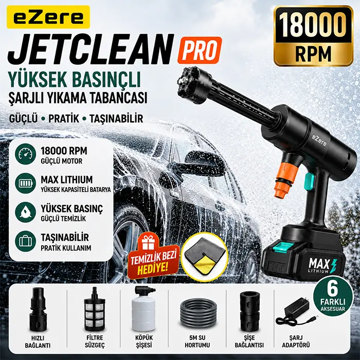 Ezere JetClean Pro 18000rpm Şarjlı Yüksek Basınçlı Araç ve Bahçe Yıkama Temizleme Tabancası-(5775)