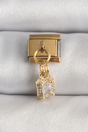 316L Çelik Gold Renk Sallantı Zirkon Taşlı Kare Model Nomination Charm 5886