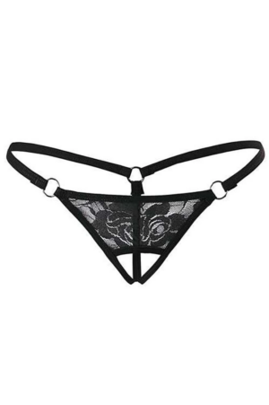 Siyah Dantelli Özel Bölgesi Açık G-String TM1167