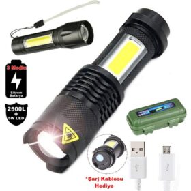 2500 Lumens + 5W COB LED USB Lion Şarjlı Ultra Güçlü Q5 XPE Su Geçirmez Şarjlı El Feneri (K0)