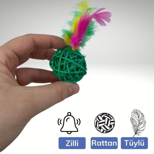 2li Rattan Renkli Peluş Tüy Kedi Köpek Oyuncak Yakalama Çiğneme Çıngıraklı Top Oyuncağı (K0) - Görsel 5