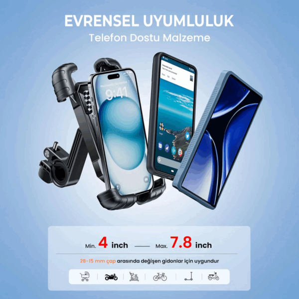 360° Derece Ayarlanabilen Gidon Bağlantılı Bisiklet Motosiklet İçin Abs 4-7.8″ İnç Telefon Tutucu - Görsel 3