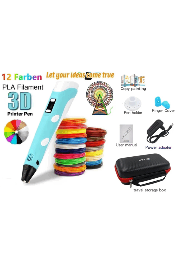 3d Pen Üç Boyutlu Yazıcı Kalem Printer (12 Adet 3 Metre Filament -36 Metre Led Ekranlı Adatörlü - Görsel 2