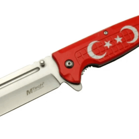 4-27 Kırmızı Tanto Kamp Çakı 21cm - Yarı Otomatik, Kemerlikli, Ay-yıldız Baskılı Sap