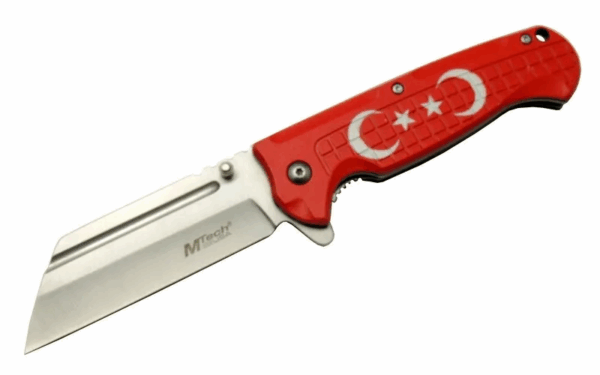 4-27 Kırmızı Tanto Kamp Çakı 21cm - Yarı Otomatik, Kemerlikli, Ay-yıldız Baskılı Sap