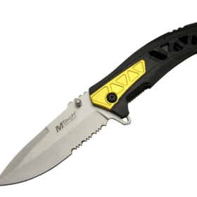 4191 Sarı Kamp Çakı 21cm - Yarı Otomatik, Kemerlikli, Testere Detaylı, Desenli Sap