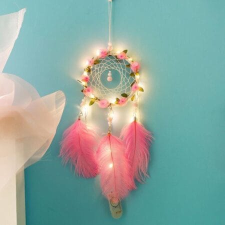 El Yapımı Kuş Tüyü ve Led Işıklı Dekoratif Asma Düş Rüya Kapanı (4172)