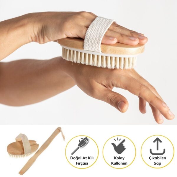 Doğal At Kılı Selülit Karşıtı Sapı Çıkabilen Ahşap Banyo Fırçası (4172) - Görsel 3