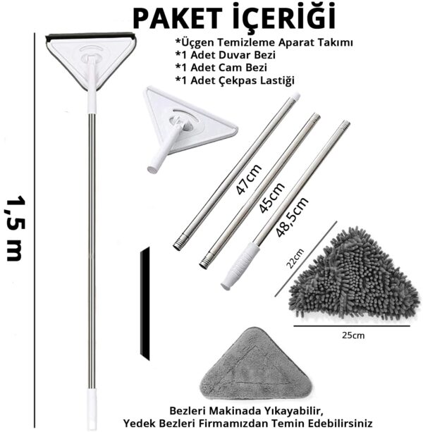 Üçgen Mop Cam Duvar Tavan Fayans Parke Temizleyici Mop (4172) - Görsel 5