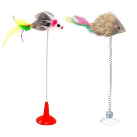 2'li Vantuzlu Fareli Tüylü Hareketli Çanlı ve Esneyen Eğlenceli Peluş Kedi Oyuncağı (4172)