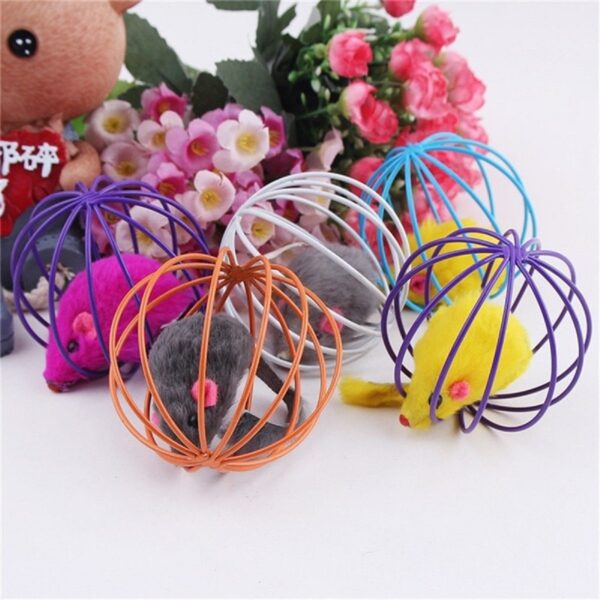 Renkli Metal Kafesli Peluş Fareli Kedi Köpek Oyuncağı Oyun Topu 6 cm (4172) - Görsel 3