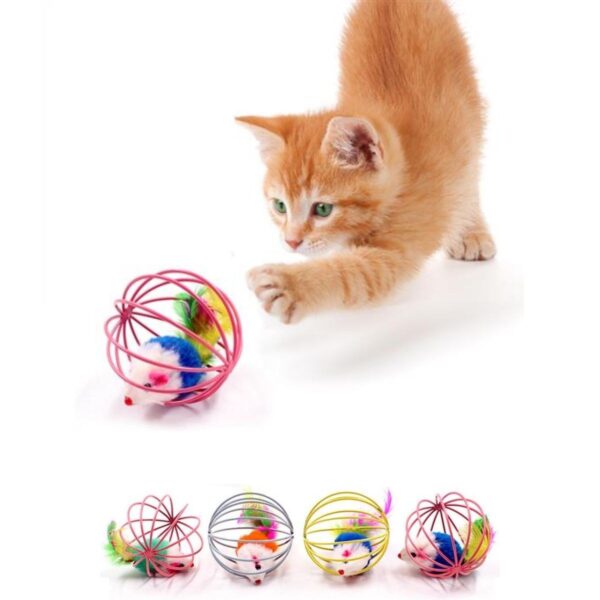 Renkli Metal Kafesli Peluş Fareli Kedi Köpek Oyuncağı Oyun Topu 6 cm (4172) - Görsel 4