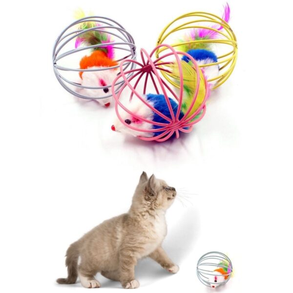 Renkli Metal Kafesli Peluş Fareli Kedi Köpek Oyuncağı Oyun Topu 6 cm (4172) - Görsel 5
