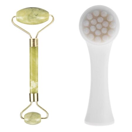 2'li Set Çift Taraflı Cilt Temizleme Fırçası ve Yeşim Taşı Çift Taraflı Cilt Masaj Aleti (4172)