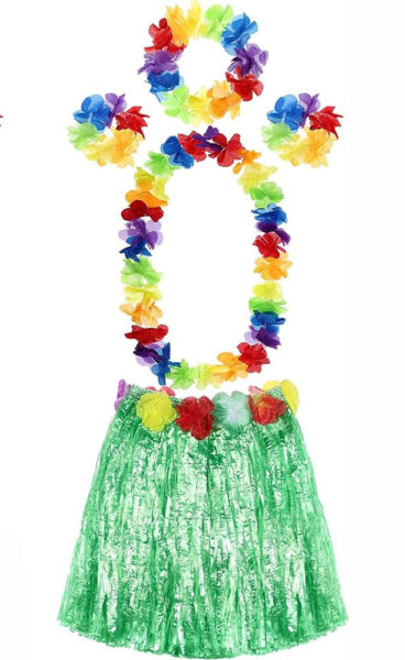 Yetişkin ve Çocuk Uyumlu Luau Aloha Hawaii Yeşil Etek ve Renkli Kolye Taç 2 Adet Bileklik Seti (4172)