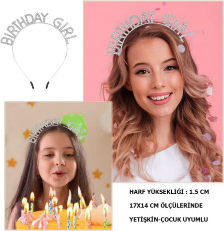 Kristal Taşlı Gümüş Birthday Girl Yazılı Doğum Günü Parti Tacı 19x11 cm (4172)