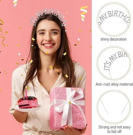Kristal Taşlı Gümüş Renk İt's My Birthday Yazılı Doğum Günü Parti Tacı 14x16 cm (4172)