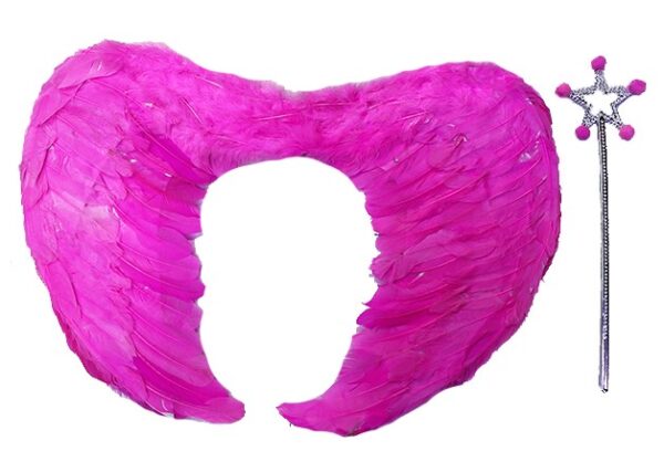 Gerçek Tüylü Katlanabilir Çocuk Pembe Melek Kanadı ve Asa Seti 40x55 cm (4172)